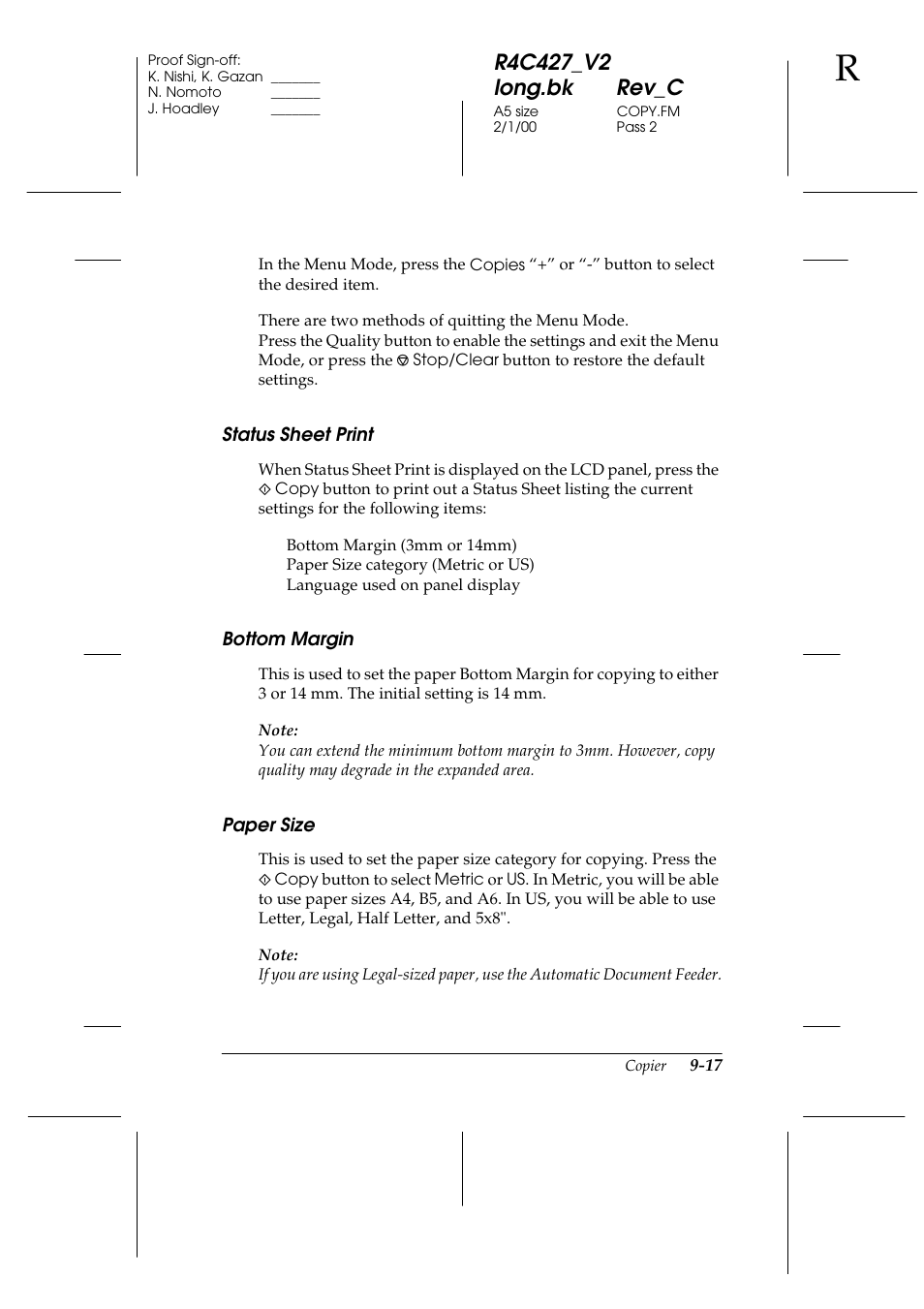 Status sheet print, Bottom margin, Paper size | Epson Stylus Scan 2500 User Manual | Page 182 / 293