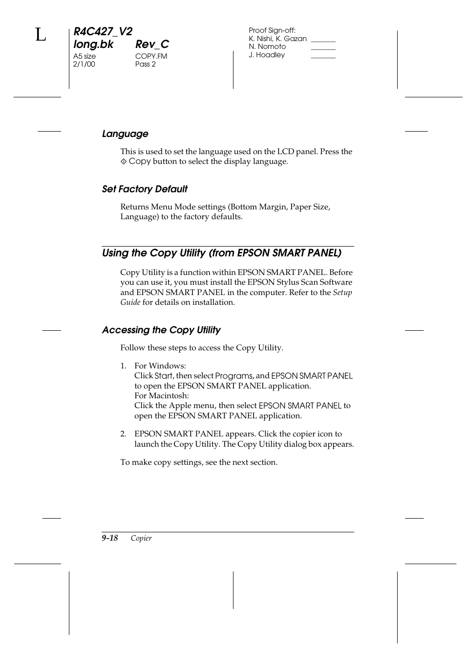 Language, Set factory default, Using the copy utility (from epson smart panel) | Accessing the copy utility, Language -18 set factory default -18, Accessing the copy utility -18, Language -19 set factory default -19, Accessing the copy utility -19 | Epson Stylus Scan 2500 User Manual | Page 183 / 293