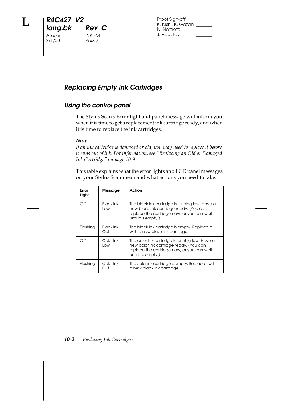 Replacing empty ink cartridges, Using the control panel, Replacing empty ink cartridges -2 | Using the control panel -2 | Epson Stylus Scan 2500 User Manual | Page 189 / 293