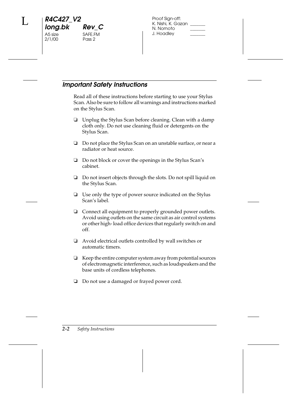 Important safety instructions, Important safety instructions -2, Important safety instructions -1 | Epson Stylus Scan 2500 User Manual | Page 19 / 293