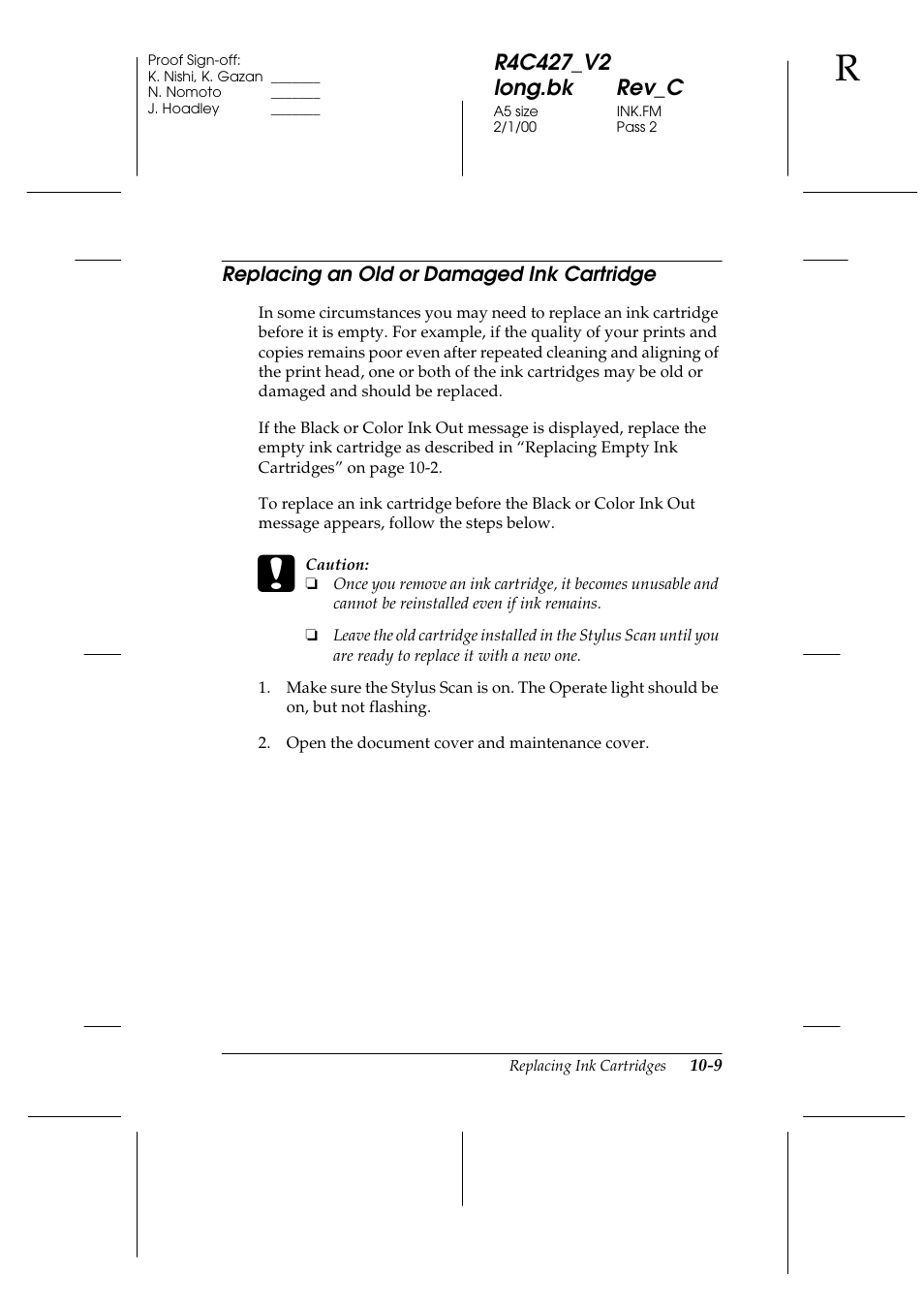 Replacing an old or damaged ink cartridge, Replacing an old or damaged ink cartridge -9 | Epson Stylus Scan 2500 User Manual | Page 196 / 293
