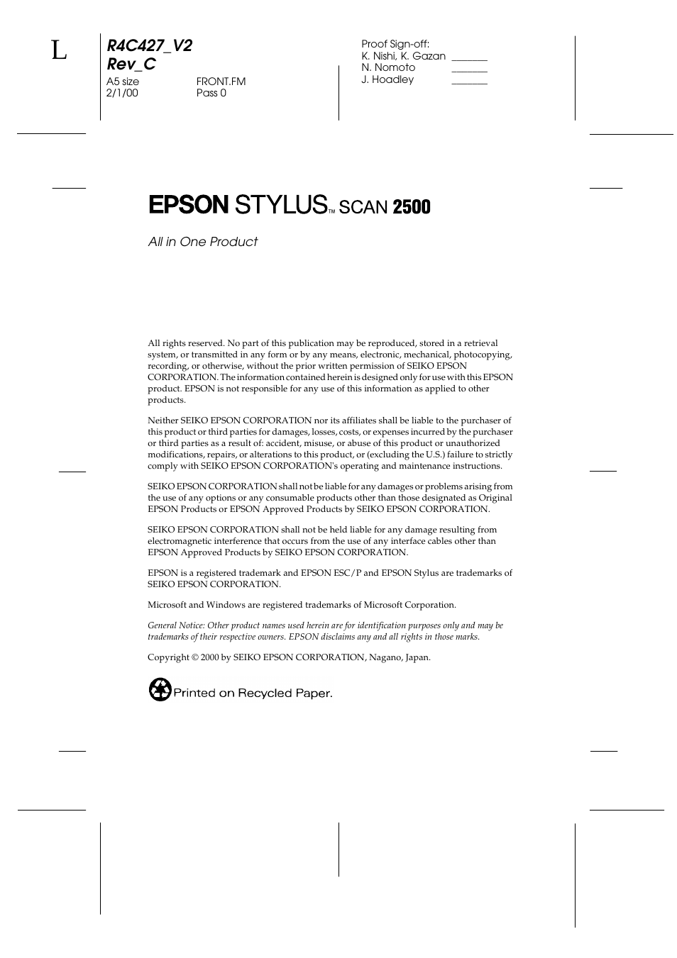Copyright | Epson Stylus Scan 2500 User Manual | Page 2 / 293