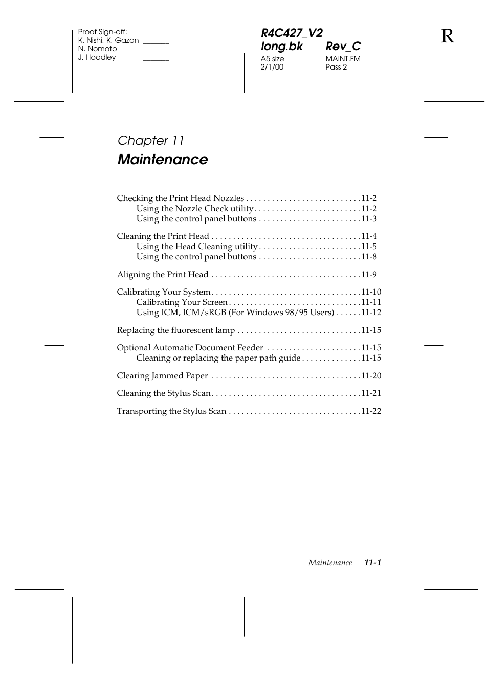 Maintenance, Chapter 11 | Epson Stylus Scan 2500 User Manual | Page 200 / 293