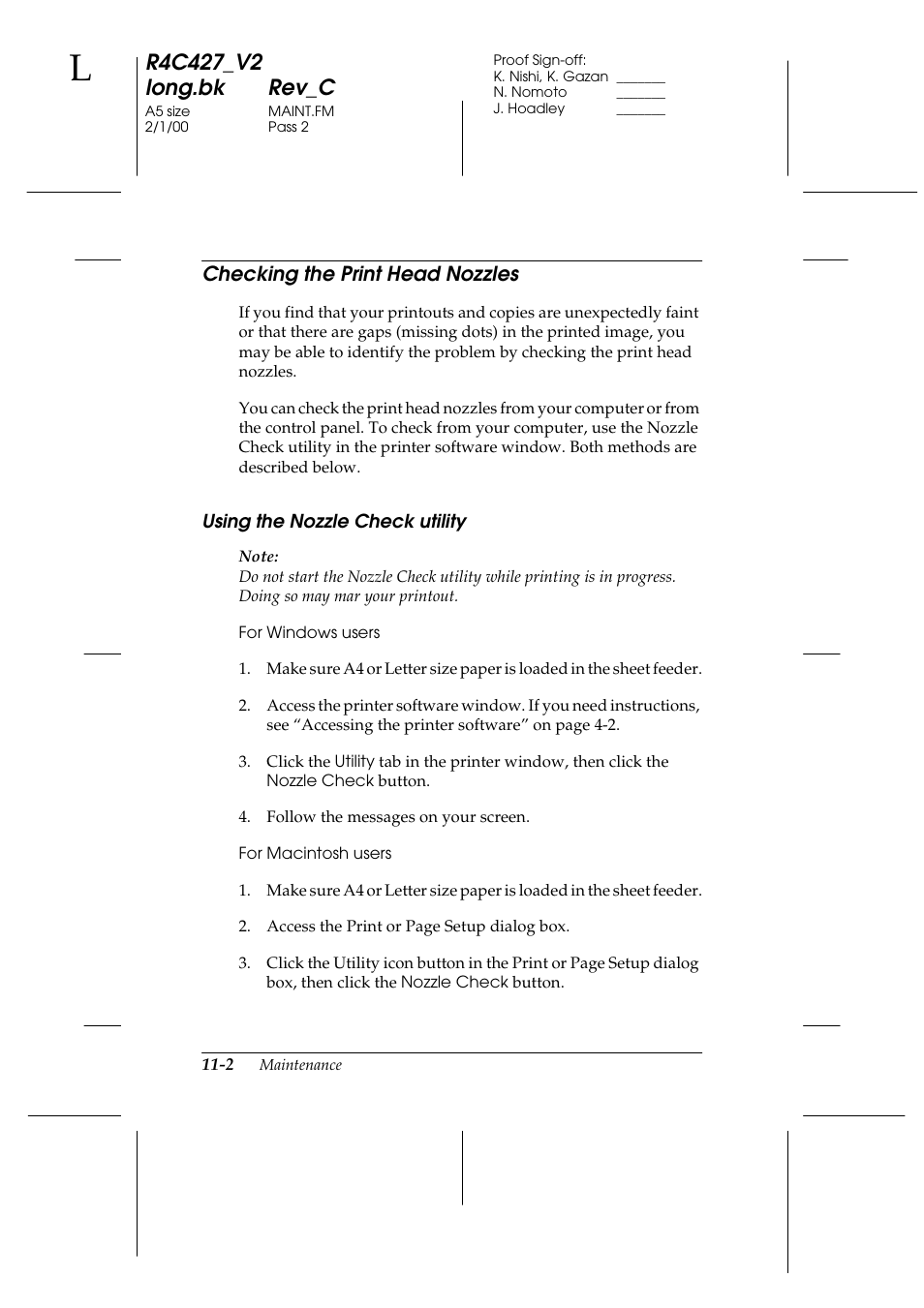 Checking the print head nozzles, Using the nozzle check utility, Checking the print head nozzles -2 | Using the nozzle check utility -2 | Epson Stylus Scan 2500 User Manual | Page 201 / 293