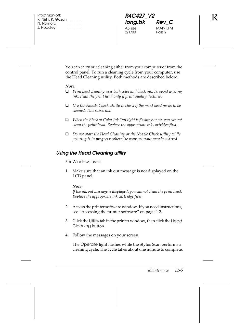 Using the head cleaning utility, Using the head cleaning utility -5 | Epson Stylus Scan 2500 User Manual | Page 204 / 293