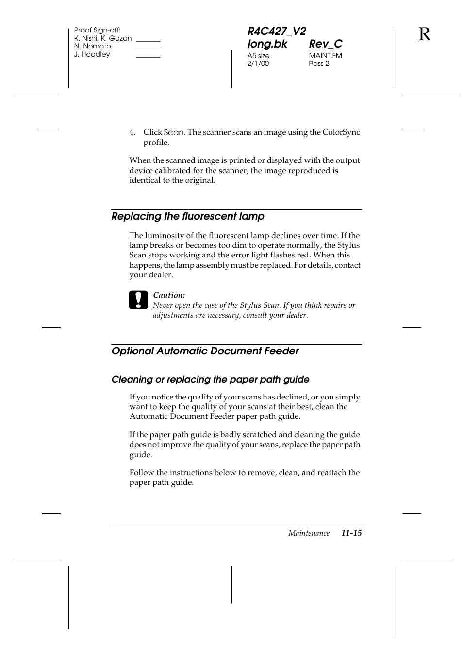 Replacing the fluorescent lamp, Optional automatic document feeder, Cleaning or replacing the paper path guide | Cleaning or replacing the paper path guide -15 | Epson Stylus Scan 2500 User Manual | Page 214 / 293