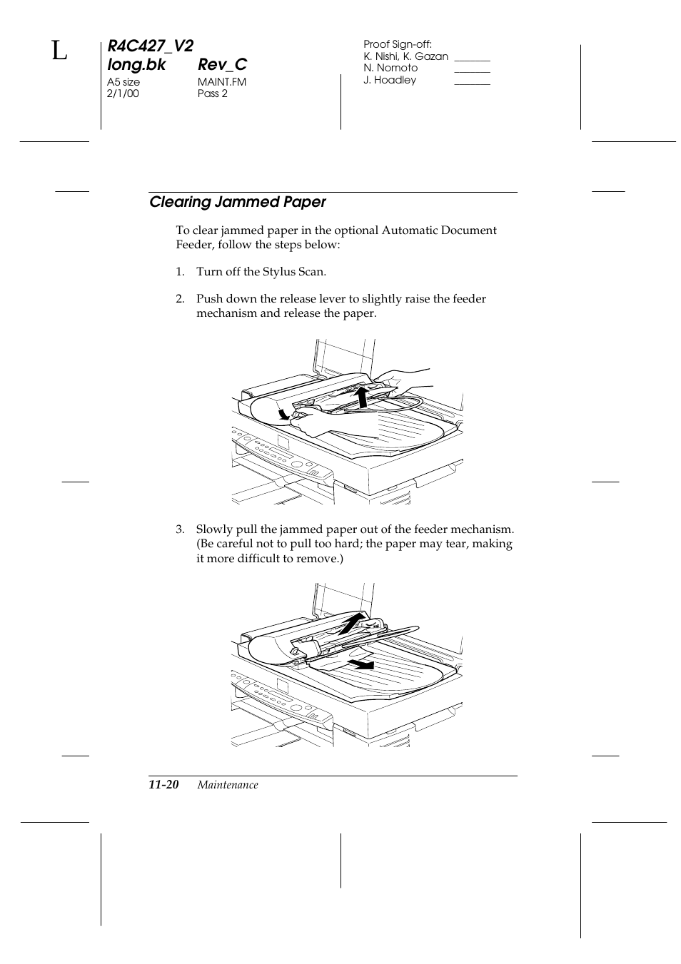 Clearing jammed paper, Clearing jammed paper -20 | Epson Stylus Scan 2500 User Manual | Page 219 / 293