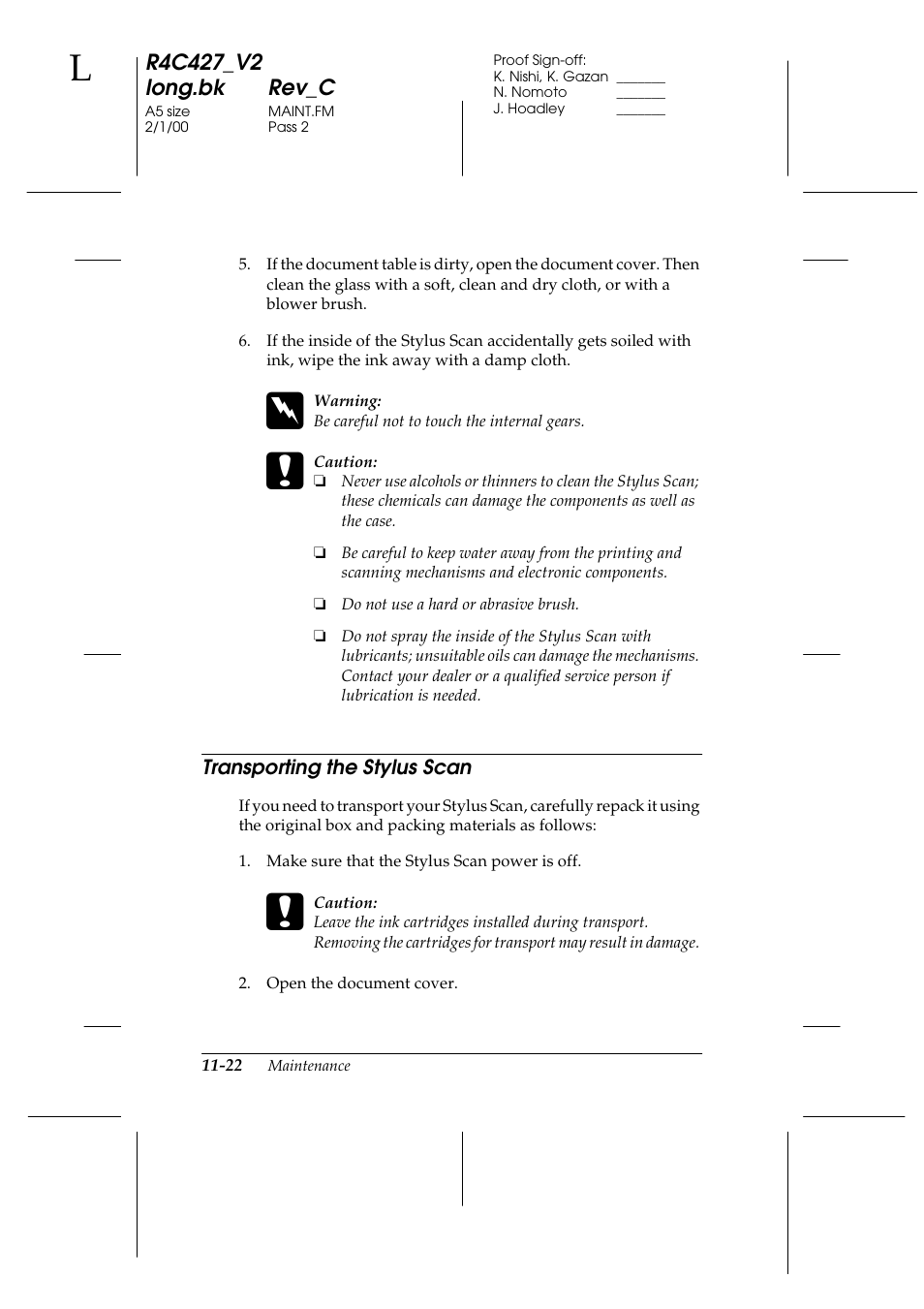 Transporting the stylus scan, Transporting the stylus scan -22 | Epson Stylus Scan 2500 User Manual | Page 221 / 293