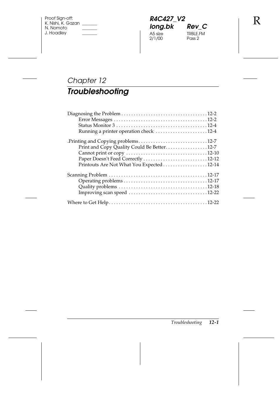 Troubleshooting, Chapter 12 | Epson Stylus Scan 2500 User Manual | Page 224 / 293
