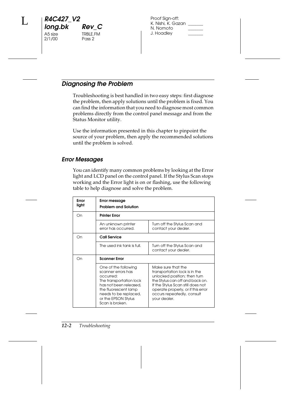 Diagnosing the problem, Error messages, Diagnosing the problem -2 | Error messages -2 | Epson Stylus Scan 2500 User Manual | Page 225 / 293