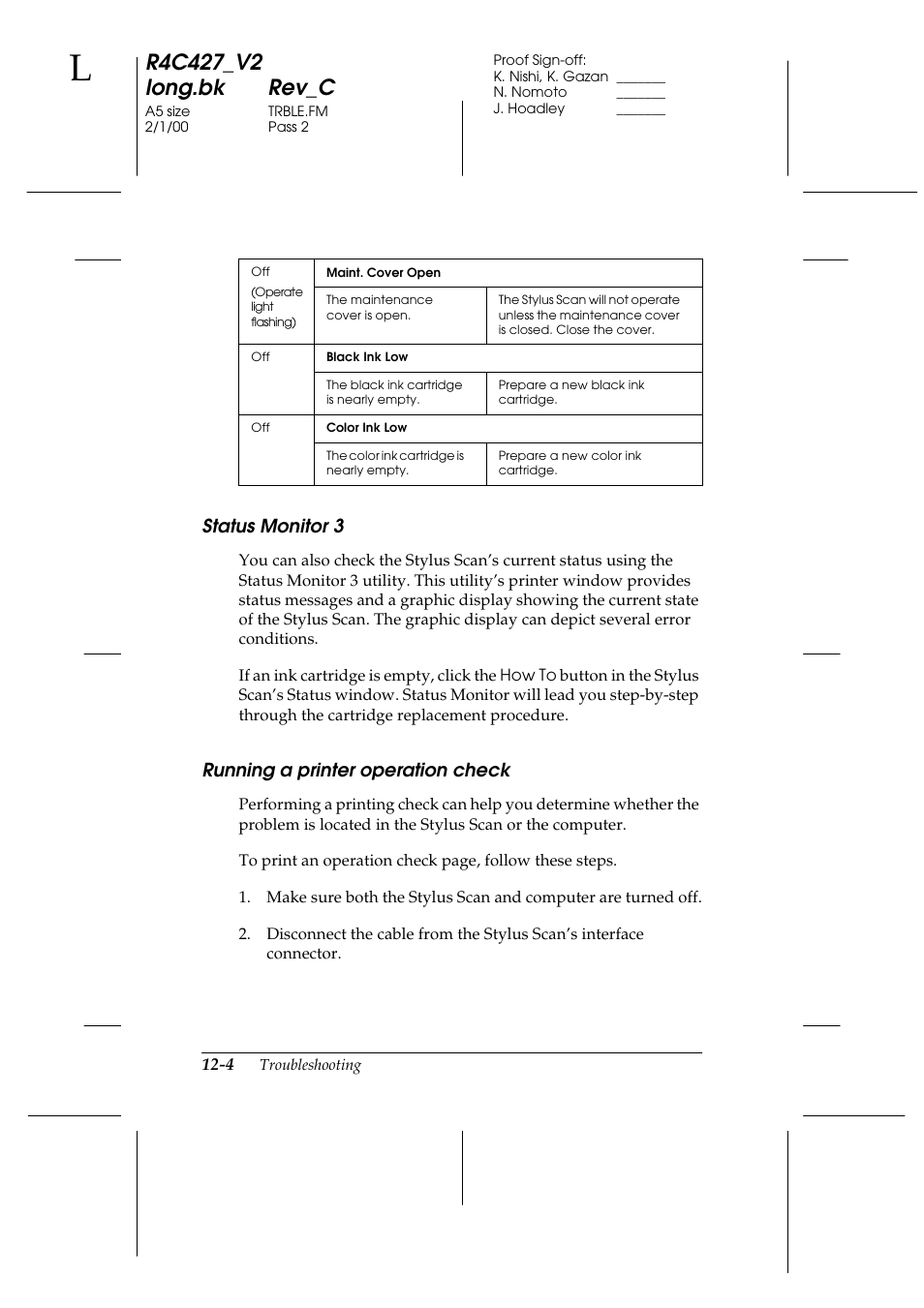Status monitor 3, Running a printer operation check | Epson Stylus Scan 2500 User Manual | Page 227 / 293