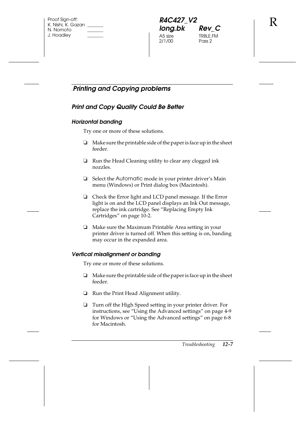 Printing and copying problems, Print and copy quality could be better, Printing and copying problems -7 | Print and copy quality could be better -7 | Epson Stylus Scan 2500 User Manual | Page 230 / 293