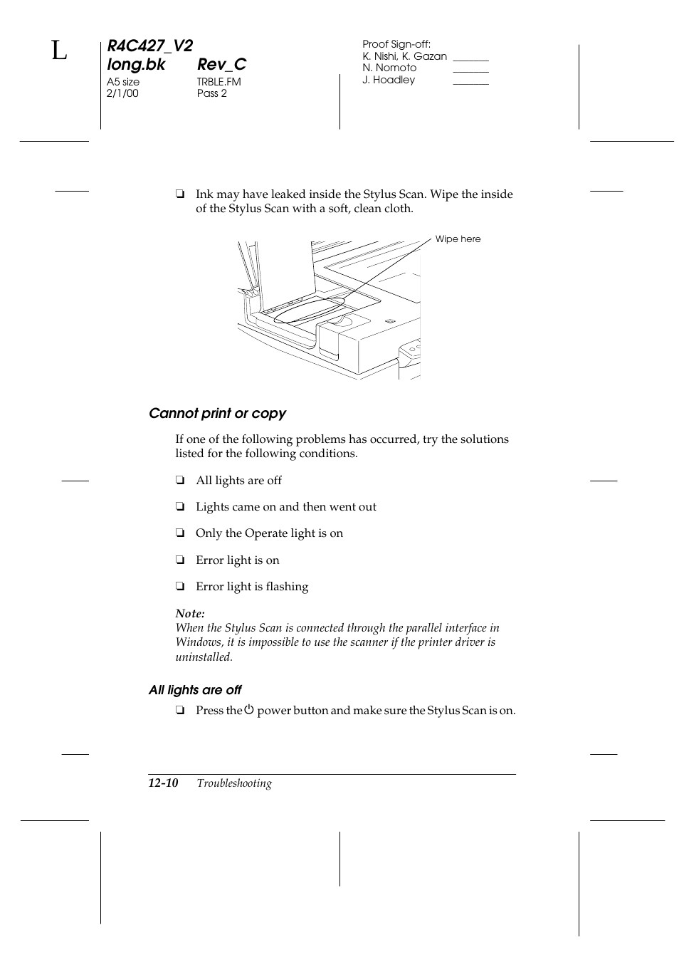 Cannot print or copy, Cannot print or copy -10 | Epson Stylus Scan 2500 User Manual | Page 233 / 293