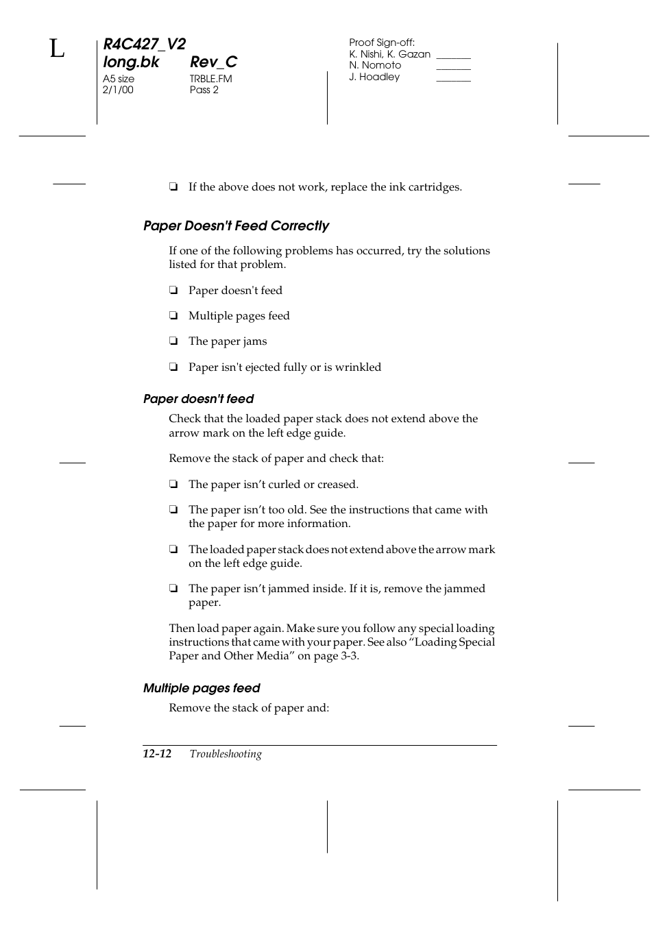 Paper doesn't feed correctly, Paper doesn't feed correctly -12 | Epson Stylus Scan 2500 User Manual | Page 235 / 293