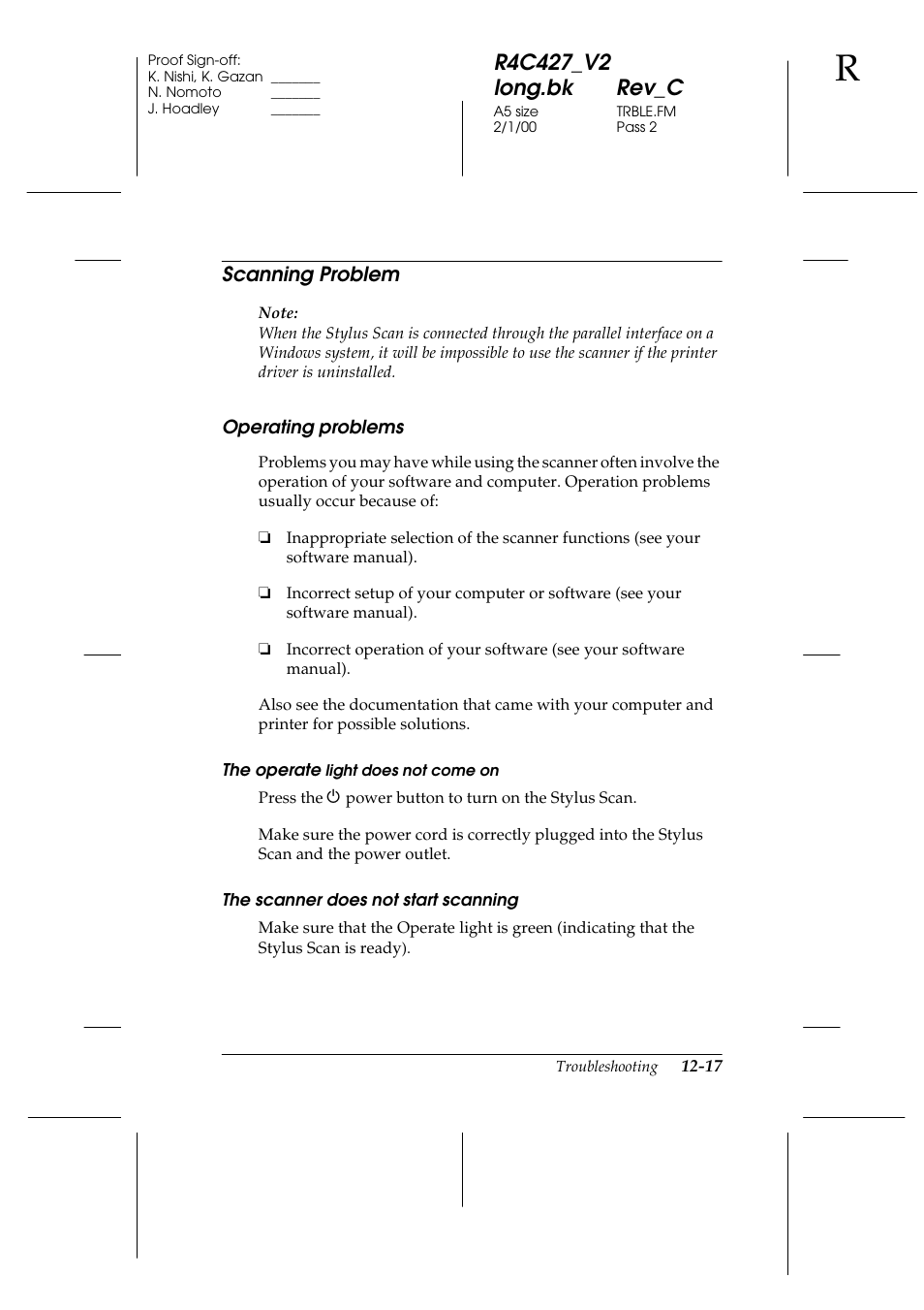 Scanning problem, Operating problems, Scanning problem -17 | Operating problems -17 | Epson Stylus Scan 2500 User Manual | Page 240 / 293