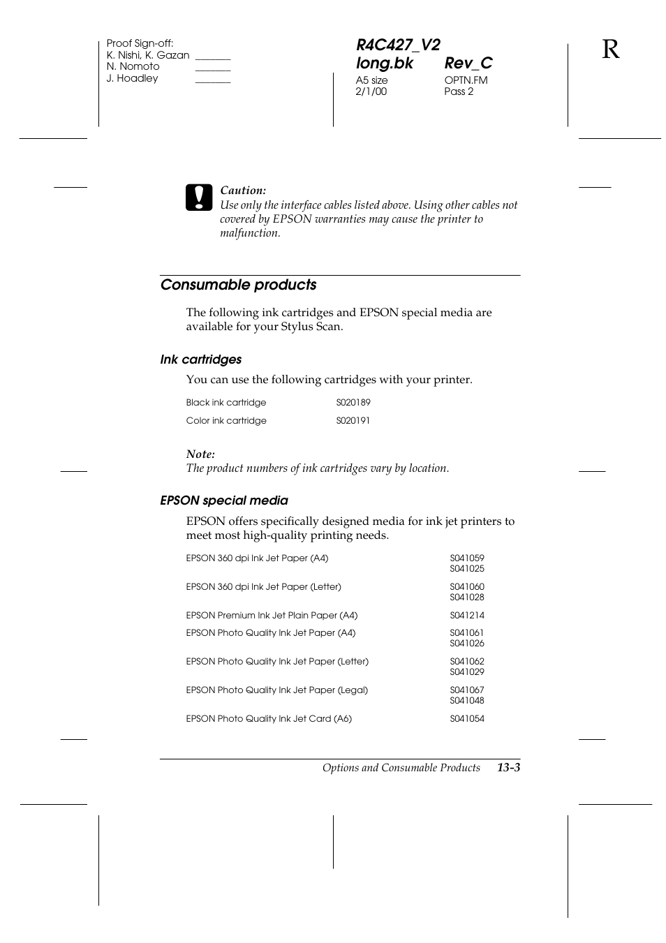 Consumable products, Consumable products -3 | Epson Stylus Scan 2500 User Manual | Page 254 / 293