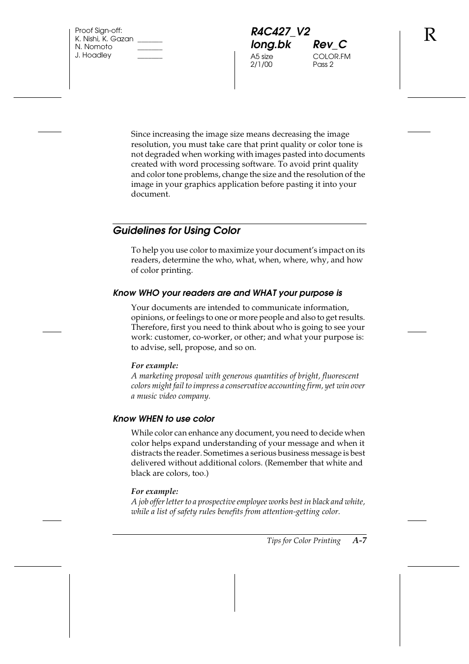 Guidelines for using color | Epson Stylus Scan 2500 User Manual | Page 262 / 293