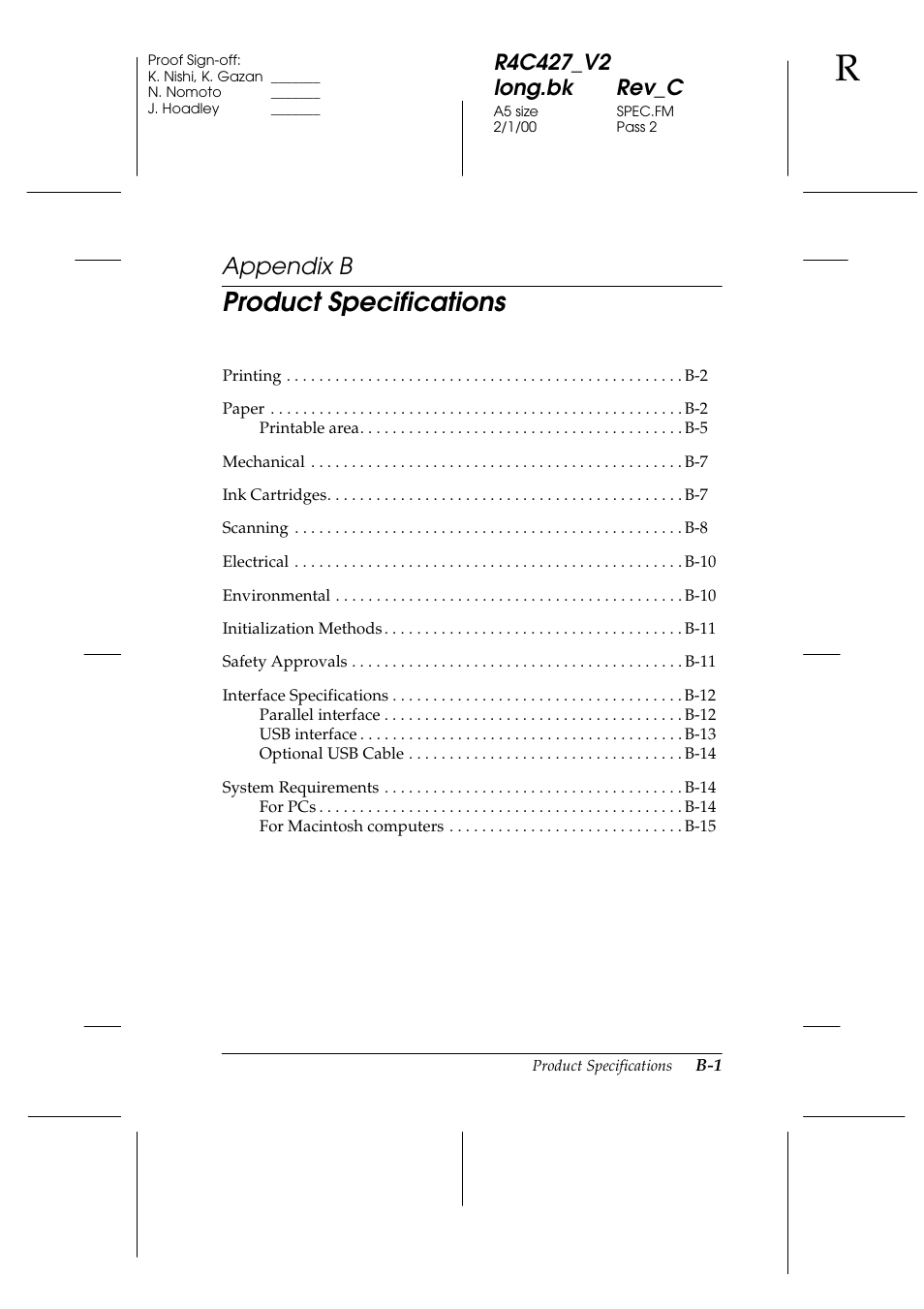 B. product specifications, Appendix b, Product specifications | Epson Stylus Scan 2500 User Manual | Page 266 / 293