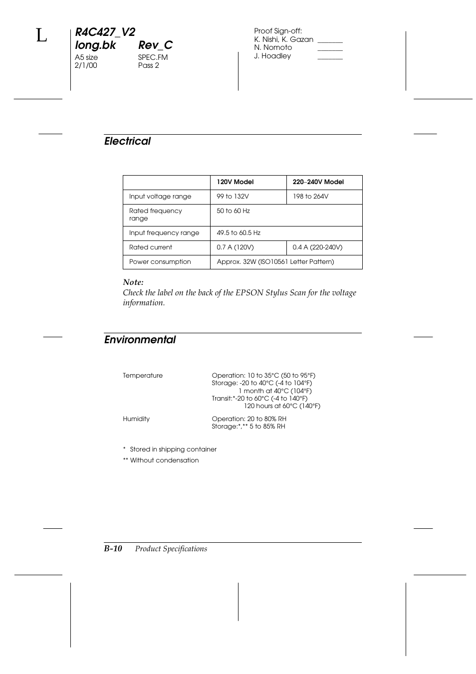 Electrical, Environmental | Epson Stylus Scan 2500 User Manual | Page 275 / 293