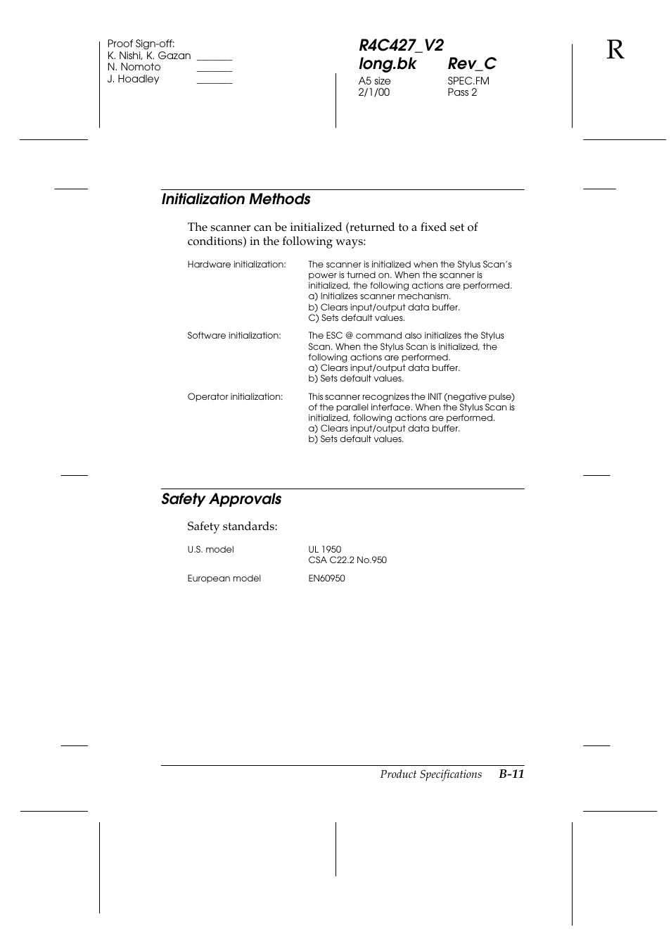 Initialization methods, Safety approvals | Epson Stylus Scan 2500 User Manual | Page 276 / 293