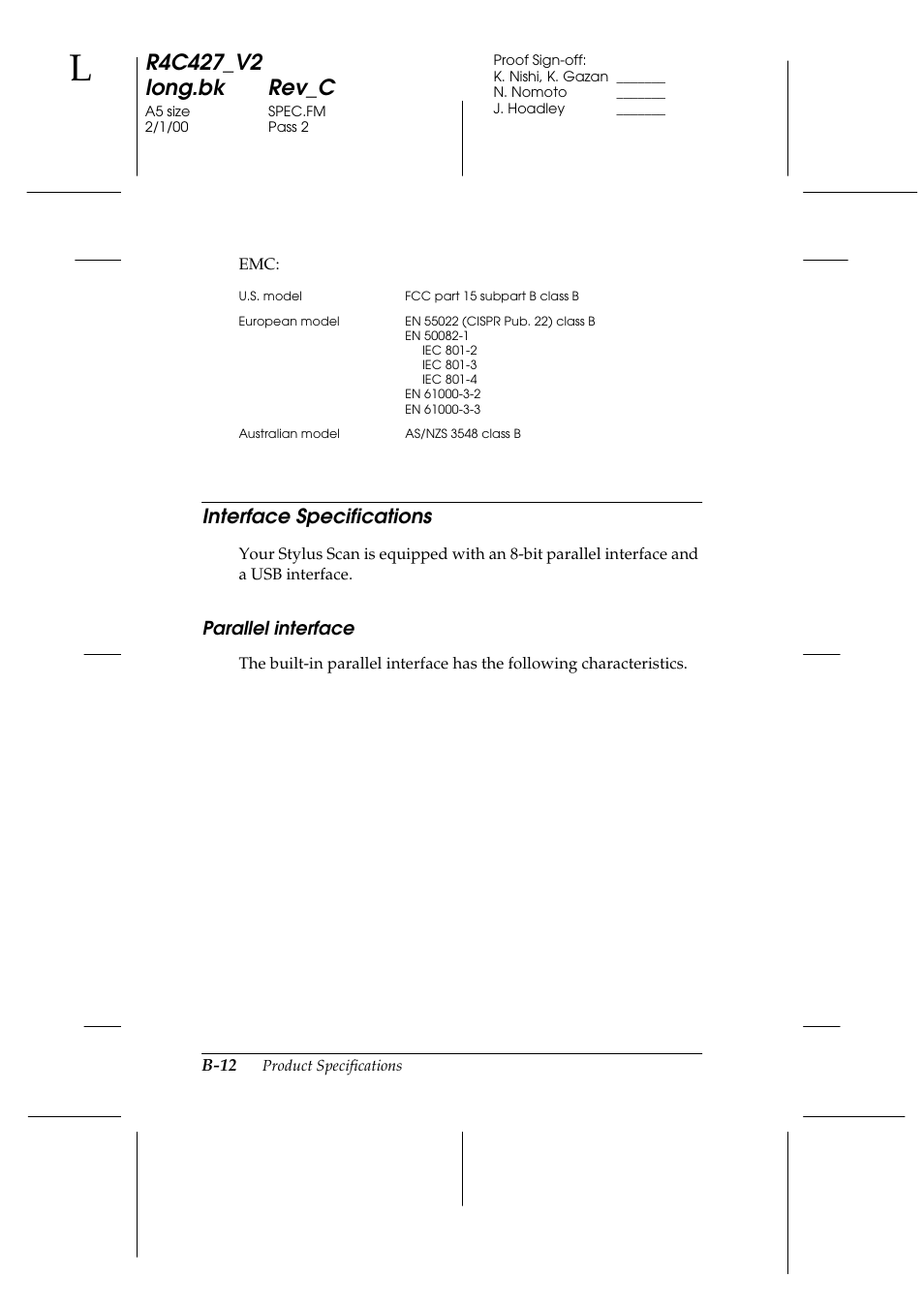Interface specifications, Parallel interface | Epson Stylus Scan 2500 User Manual | Page 277 / 293