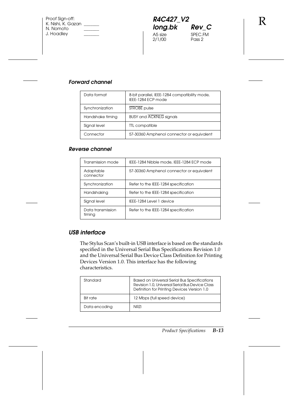 Usb interface, B-13, Forward channel reverse channel | Epson Stylus Scan 2500 User Manual | Page 278 / 293