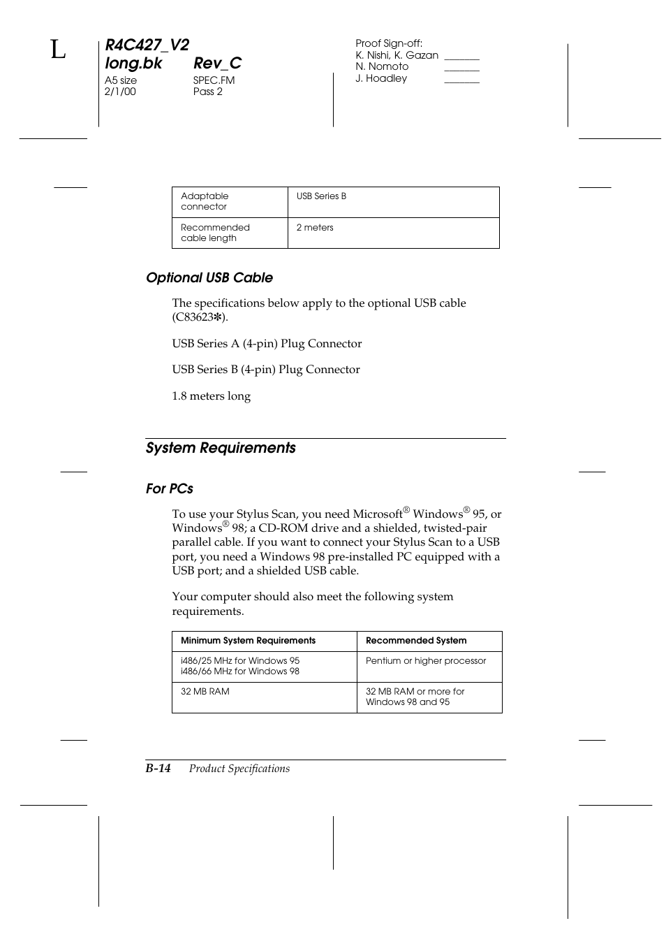 Optional usb cable, System requirements, For pcs | Epson Stylus Scan 2500 User Manual | Page 279 / 293