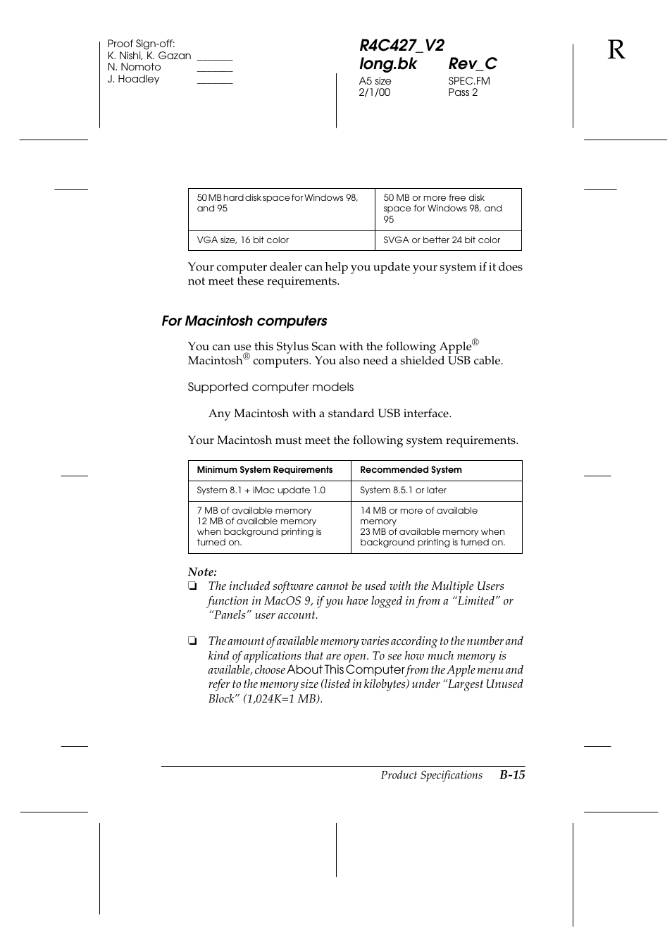 For macintosh computers | Epson Stylus Scan 2500 User Manual | Page 280 / 293