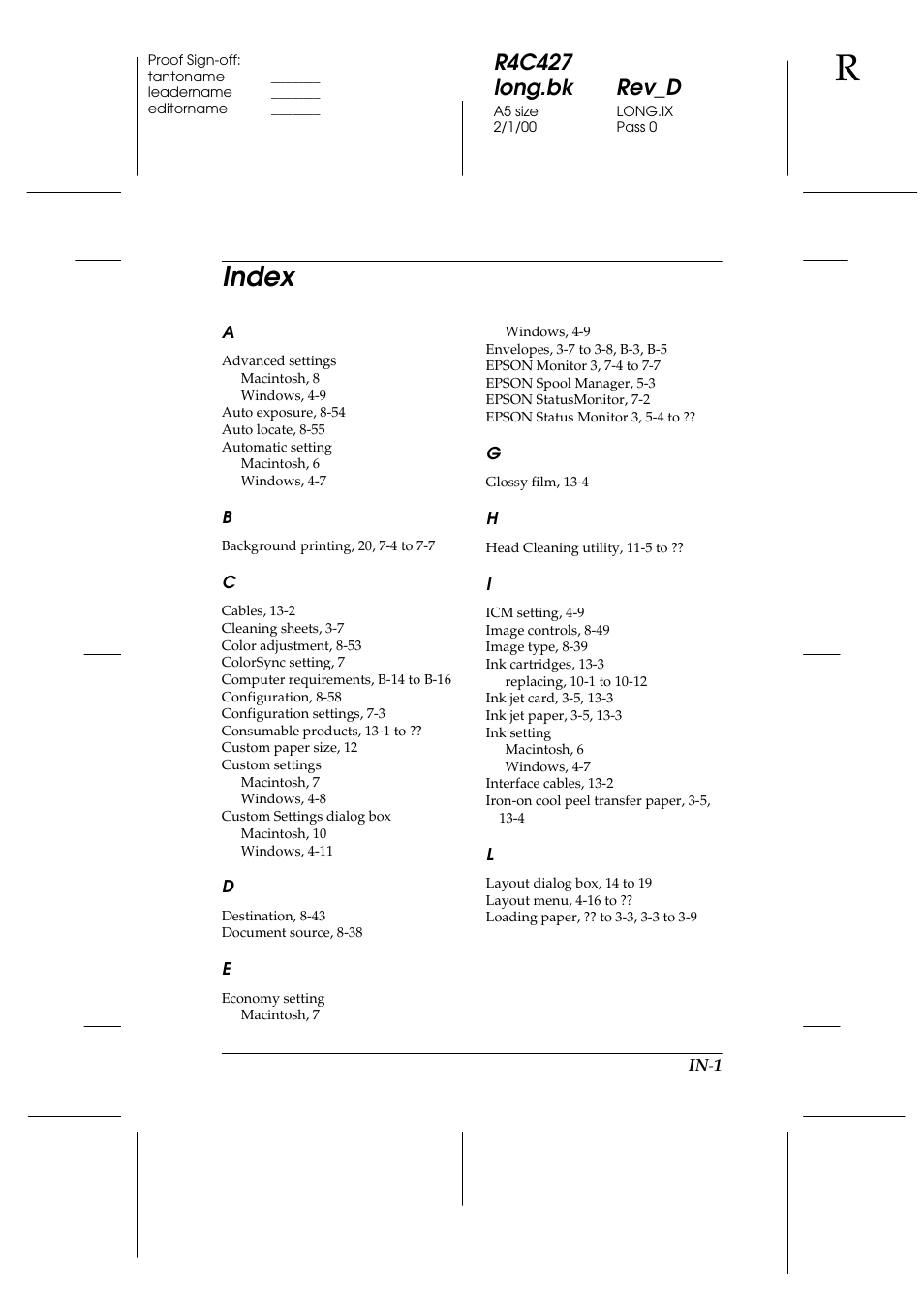 Index, R4c427 long.bk rev_d | Epson Stylus Scan 2500 User Manual | Page 288 / 293