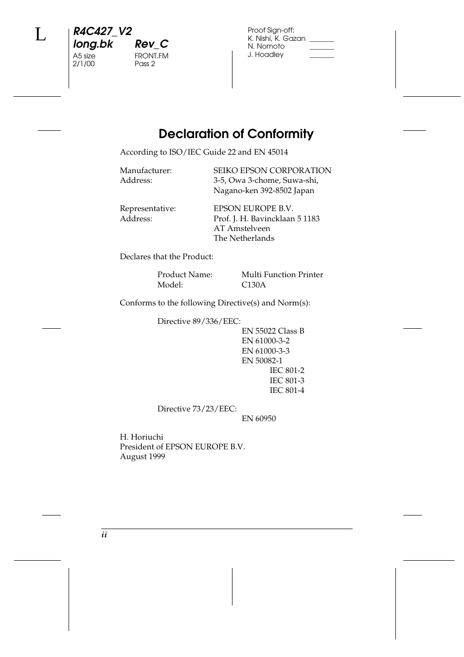 Declaration of conformity | Epson Stylus Scan 2500 User Manual | Page 3 / 293