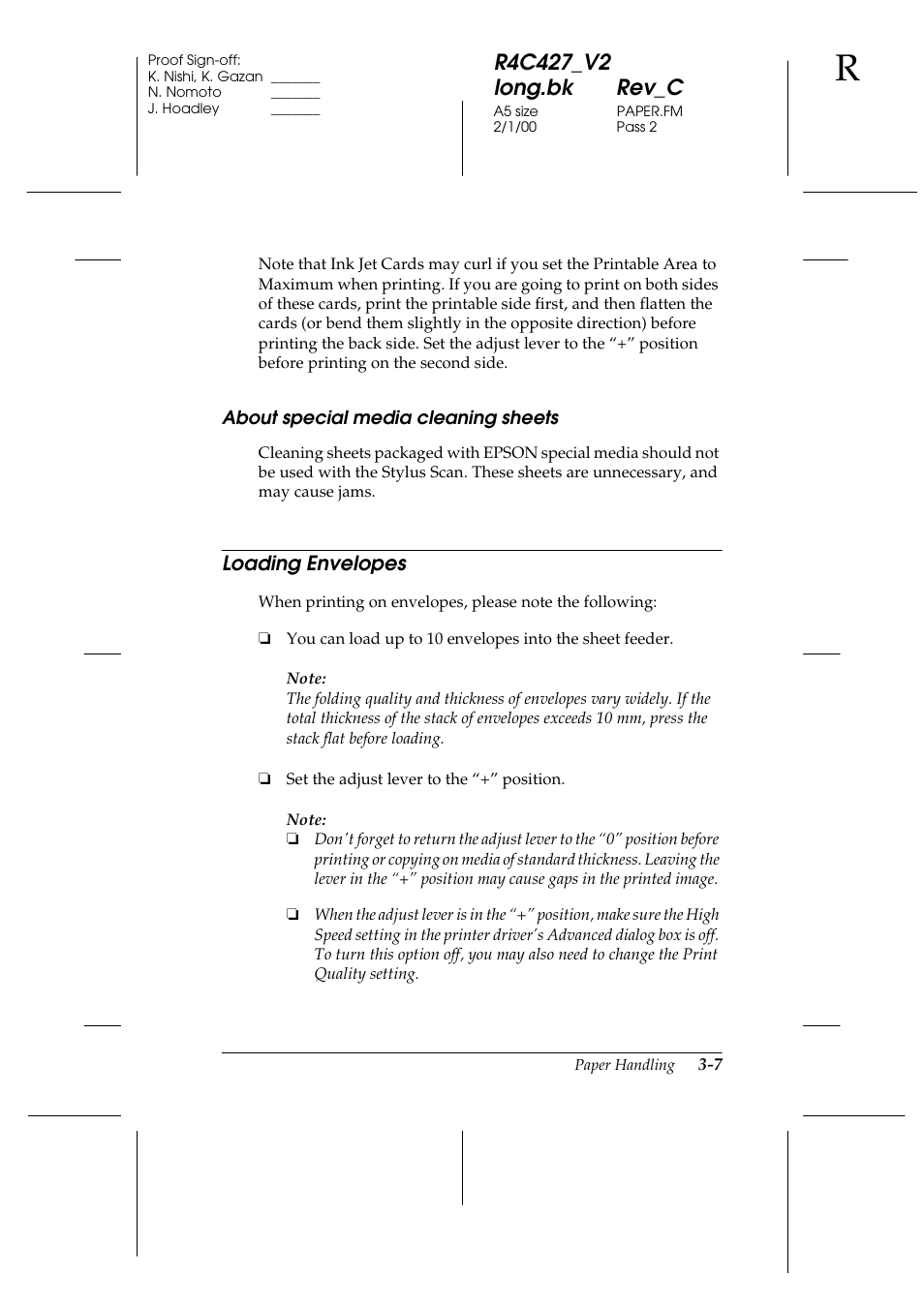 About special media cleaning sheets, Loading envelopes, About special media cleaning sheets -7 | Loading envelopes -7 | Epson Stylus Scan 2500 User Manual | Page 30 / 293