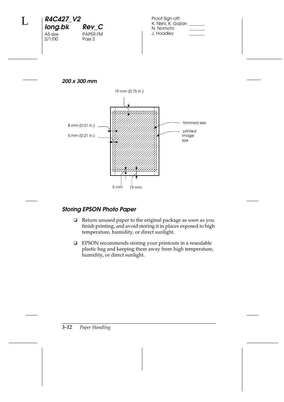 Storing epson photo paper, Storing epson photo paper -12 | Epson Stylus Scan 2500 User Manual | Page 35 / 293