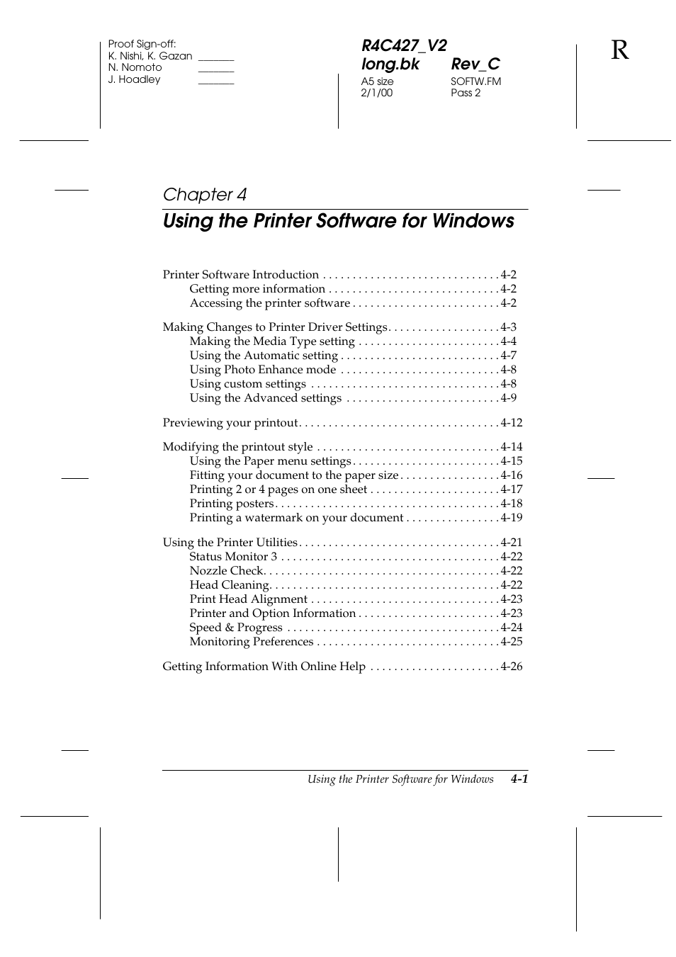 Using the printer software for windows, Chapter 4 | Epson Stylus Scan 2500 User Manual | Page 36 / 293