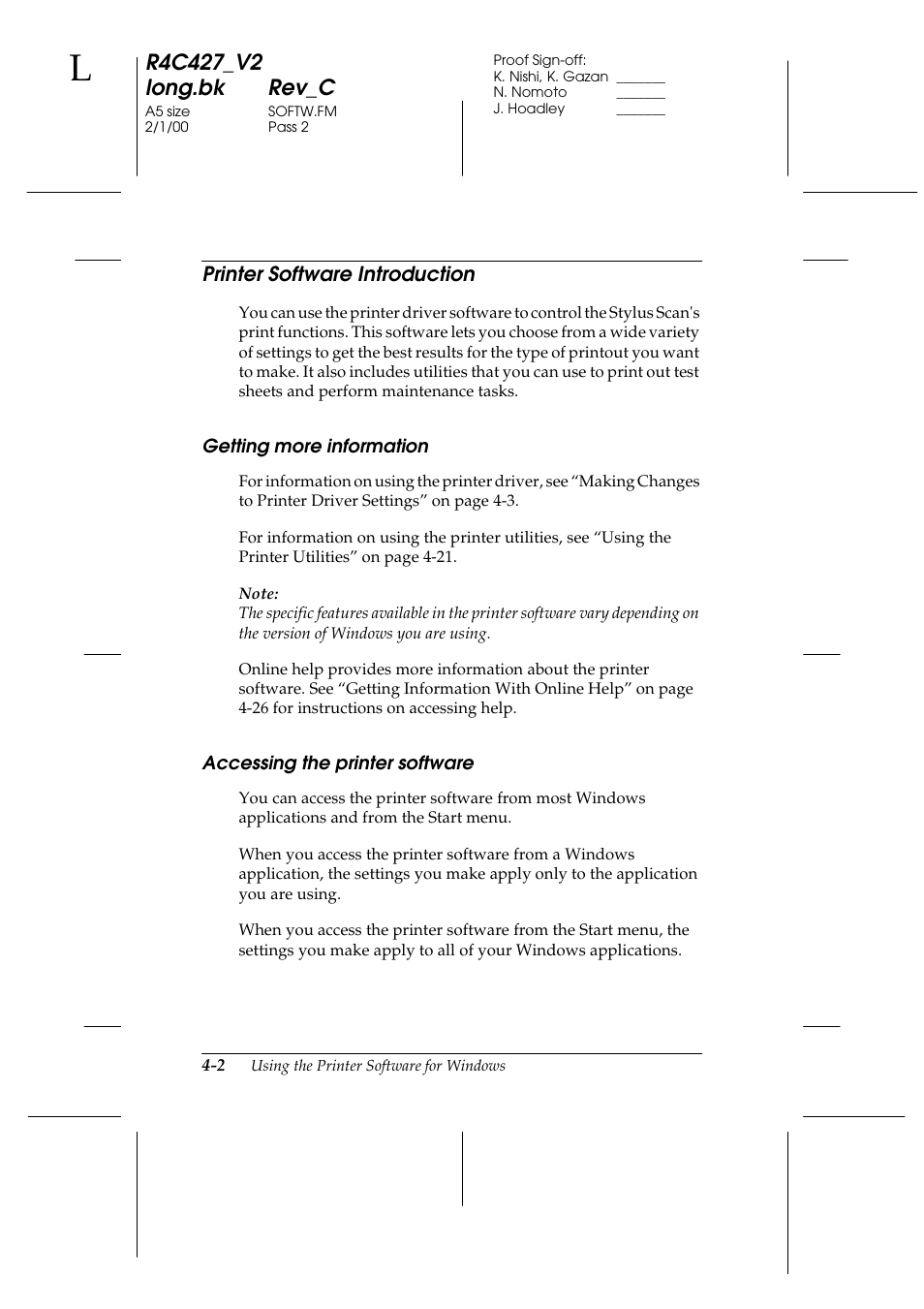 Printer software introduction, Getting more information, Accessing the printer software | Printer software introduction -2 | Epson Stylus Scan 2500 User Manual | Page 37 / 293