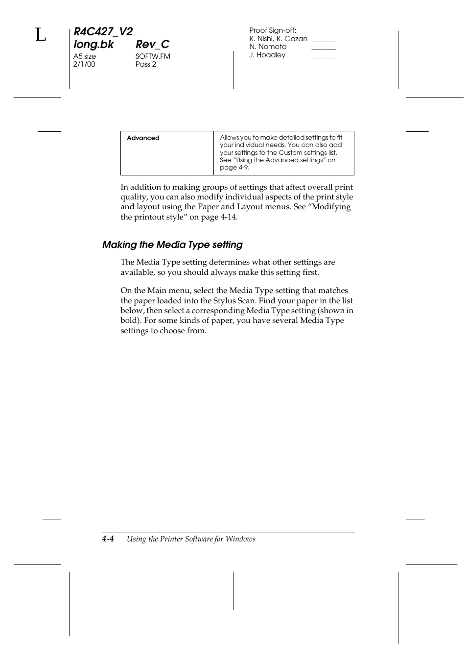 Making the media type setting, Making the media type setting -4 | Epson Stylus Scan 2500 User Manual | Page 39 / 293