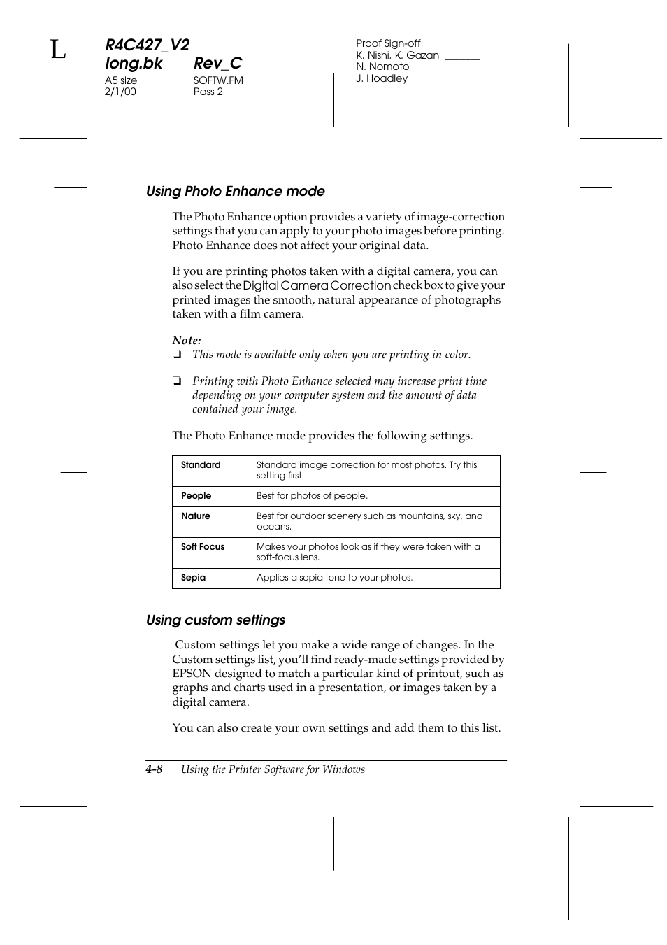 Using photo enhance mode, Using custom settings | Epson Stylus Scan 2500 User Manual | Page 43 / 293