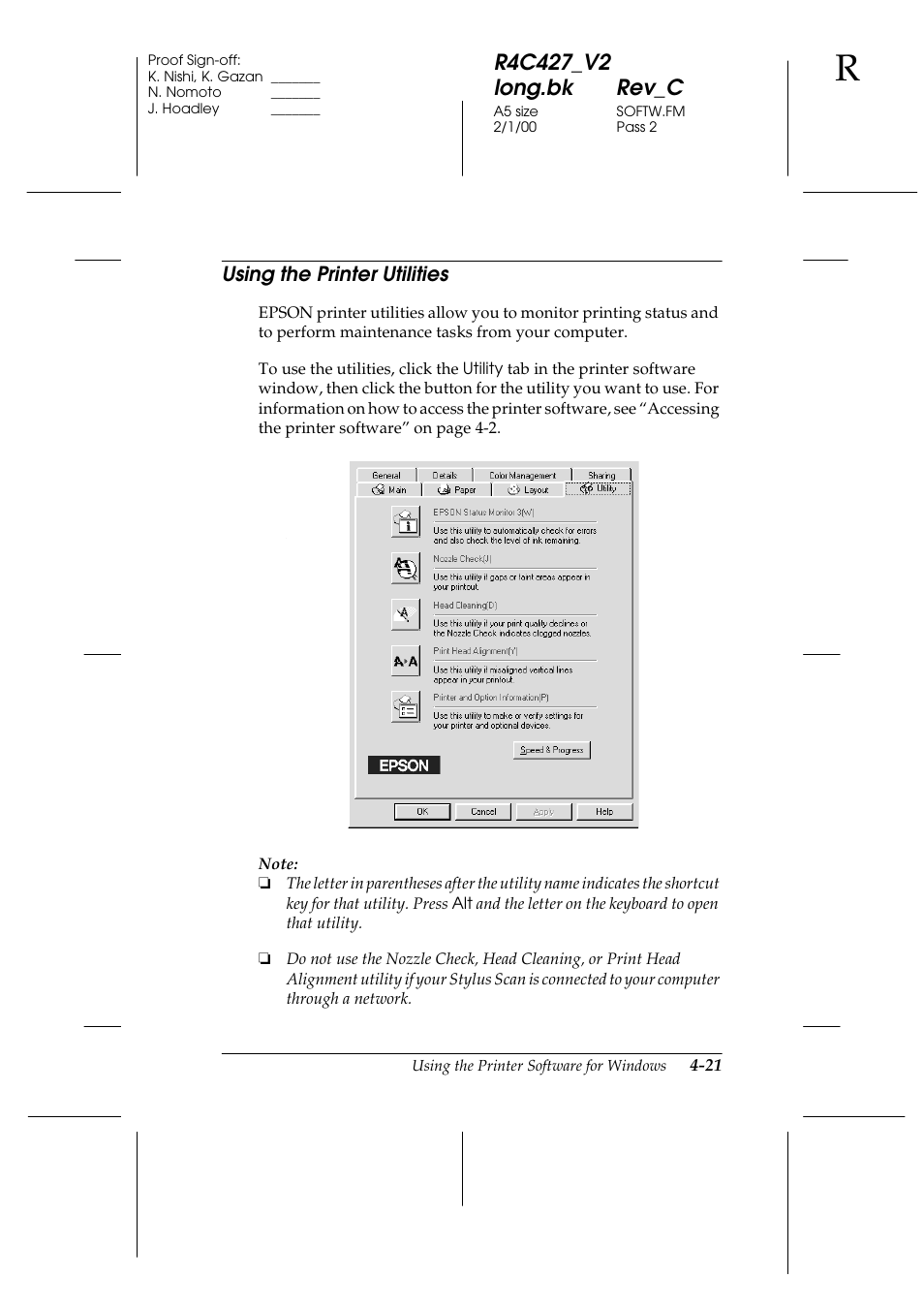 Using the printer utilities, Using the printer utilities -21 | Epson Stylus Scan 2500 User Manual | Page 56 / 293