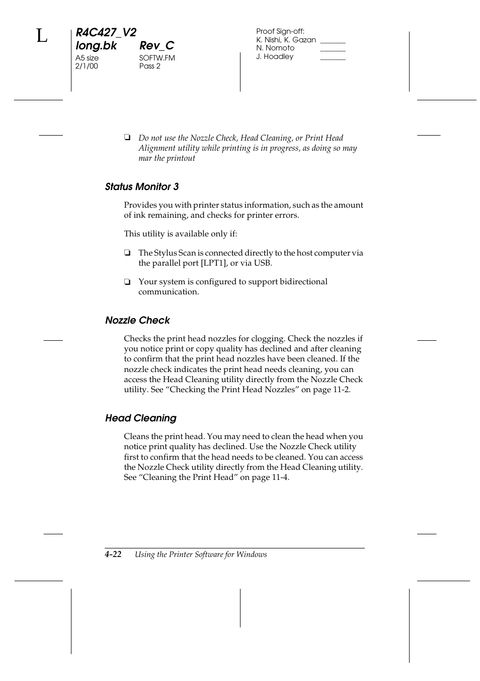 Status monitor 3, Nozzle check, Head cleaning | Epson Stylus Scan 2500 User Manual | Page 57 / 293