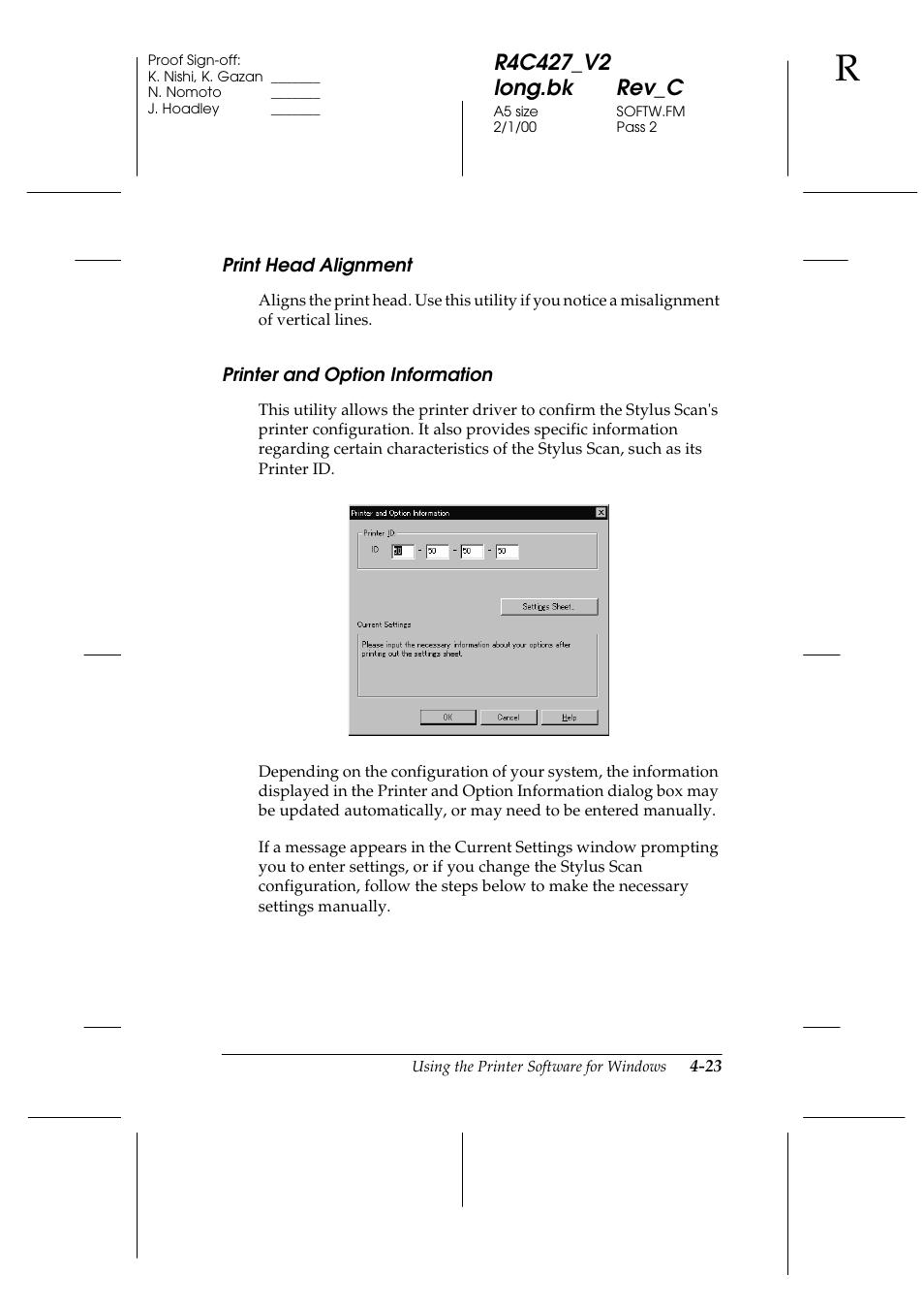 Print head alignment, Printer and option information | Epson Stylus Scan 2500 User Manual | Page 58 / 293