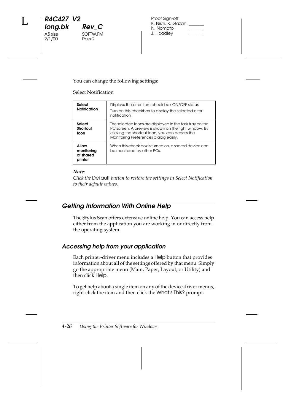 Getting information with online help, Accessing help from your application, Getting information with online help -26 | Accessing help from your application -26 | Epson Stylus Scan 2500 User Manual | Page 61 / 293