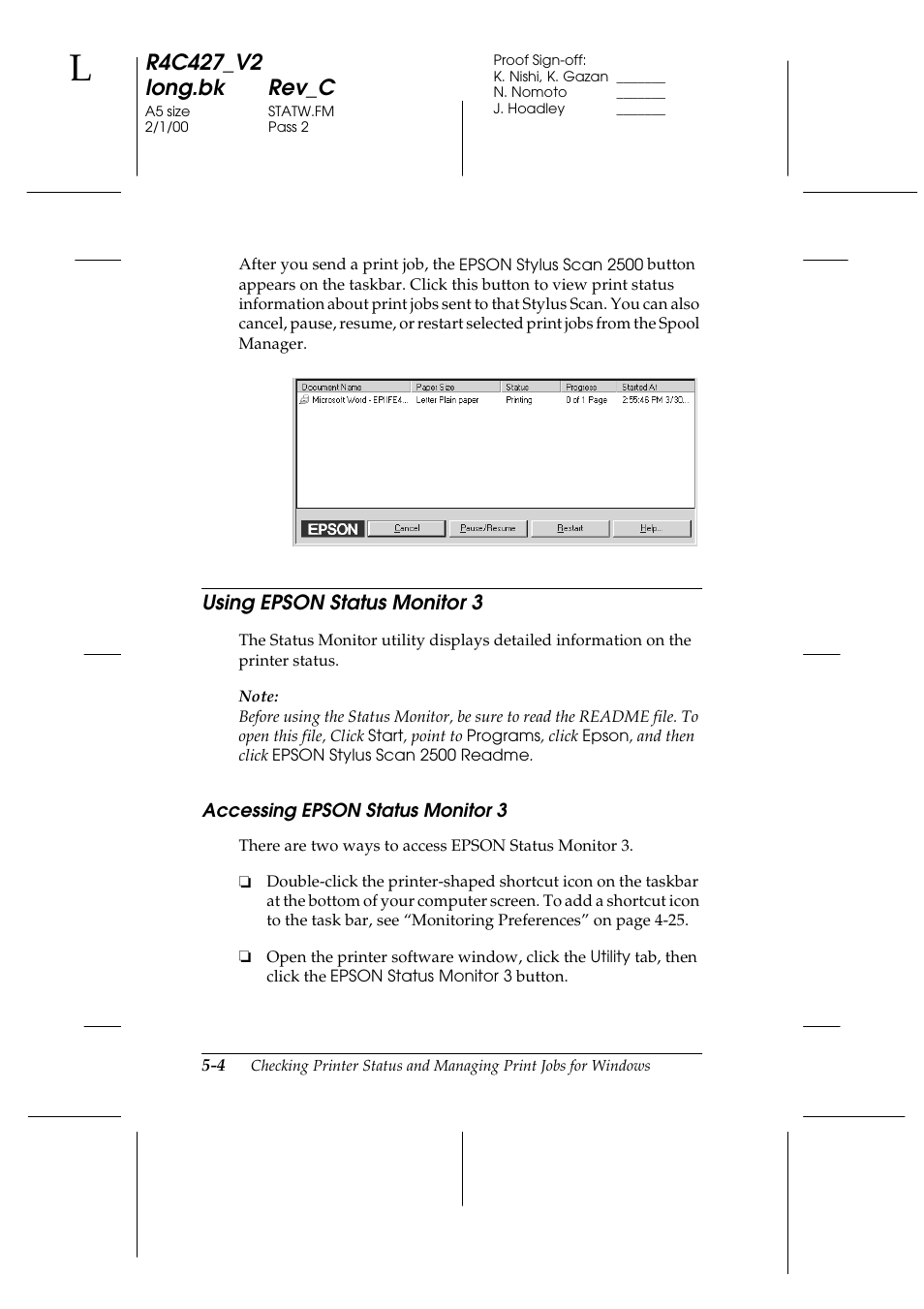 Using epson status monitor3, Accessing epson status monitor 3, Using epson status monitor 3 -4 | Accessing epson status monitor 3 -4, Managing print jobs with epson monitor3 -5, Using epson status monitor 3 | Epson Stylus Scan 2500 User Manual | Page 69 / 293