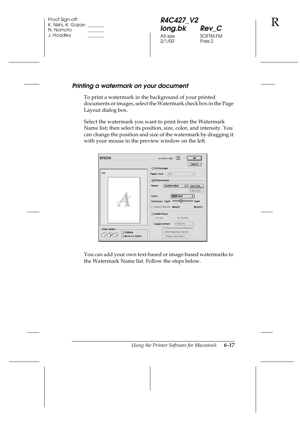 Printing a watermark on your document | Epson Stylus Scan 2500 User Manual | Page 88 / 293