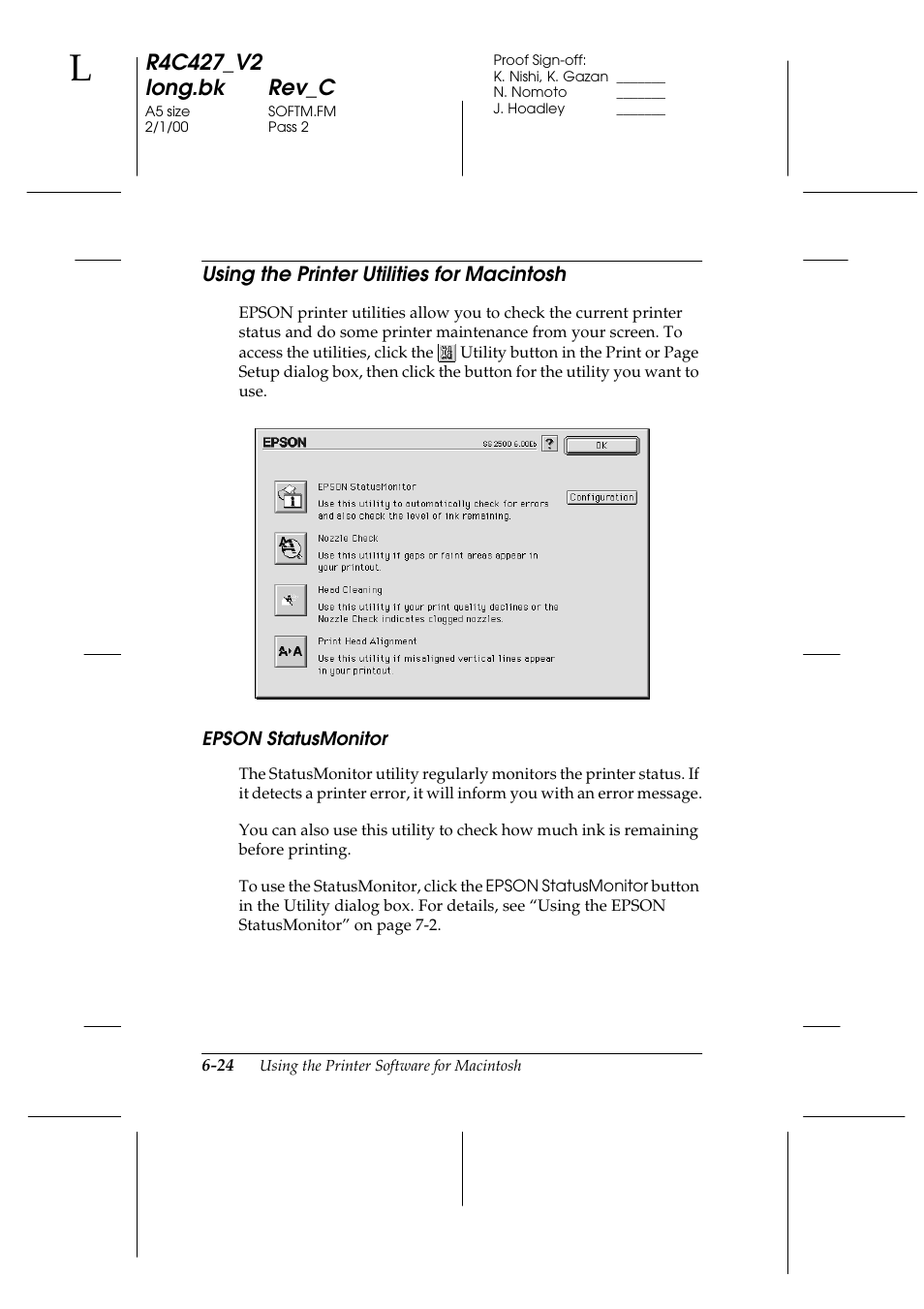 Using the printer utilities for macintosh, Epson statusmonitor | Epson Stylus Scan 2500 User Manual | Page 95 / 293