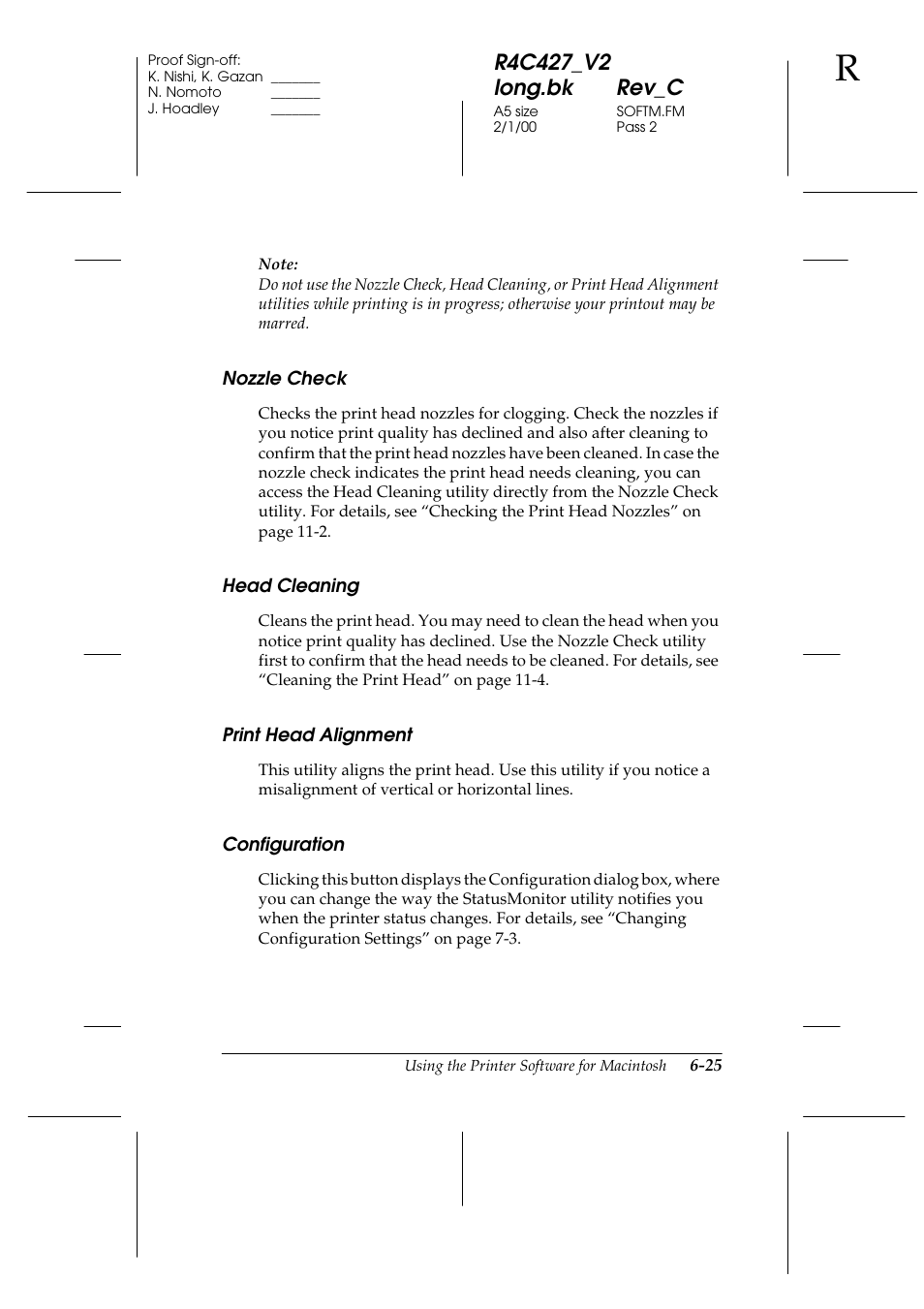 Nozzle check, Head cleaning, Print head alignment | Configuration | Epson Stylus Scan 2500 User Manual | Page 96 / 293