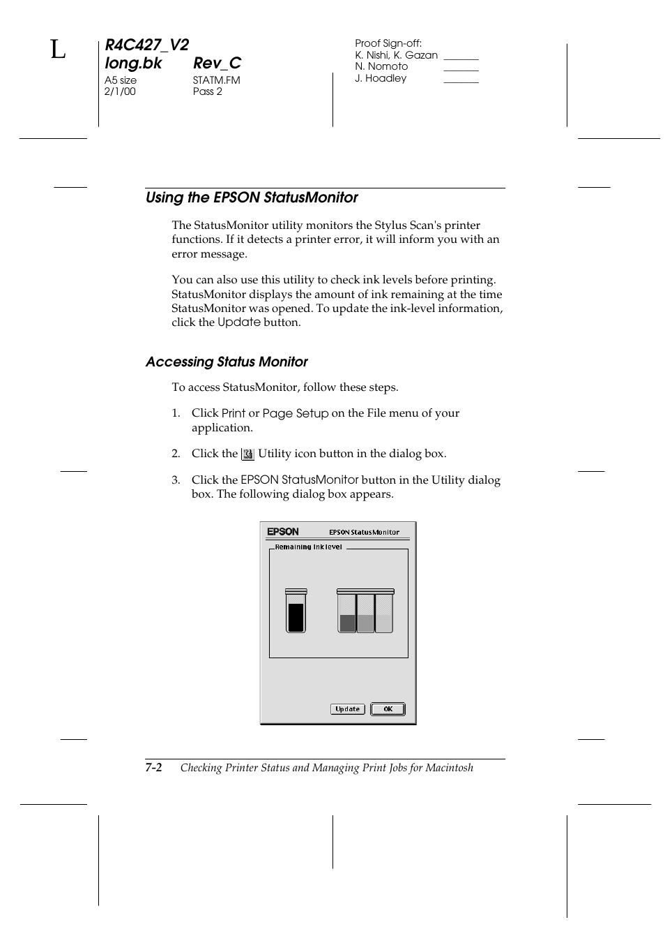 Using the epson statusmonitor, Accessing status monitor, Using the epson statusmonitor -2 | Accessing status monitor -2 | Epson Stylus Scan 2500 User Manual | Page 99 / 293