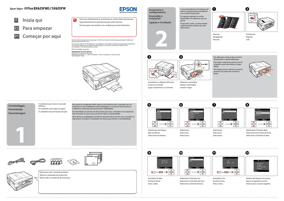 Inizia qui, Para empezar, Começar por aqui | Epson Stylus SX620FW User Manual | Page 3 / 4