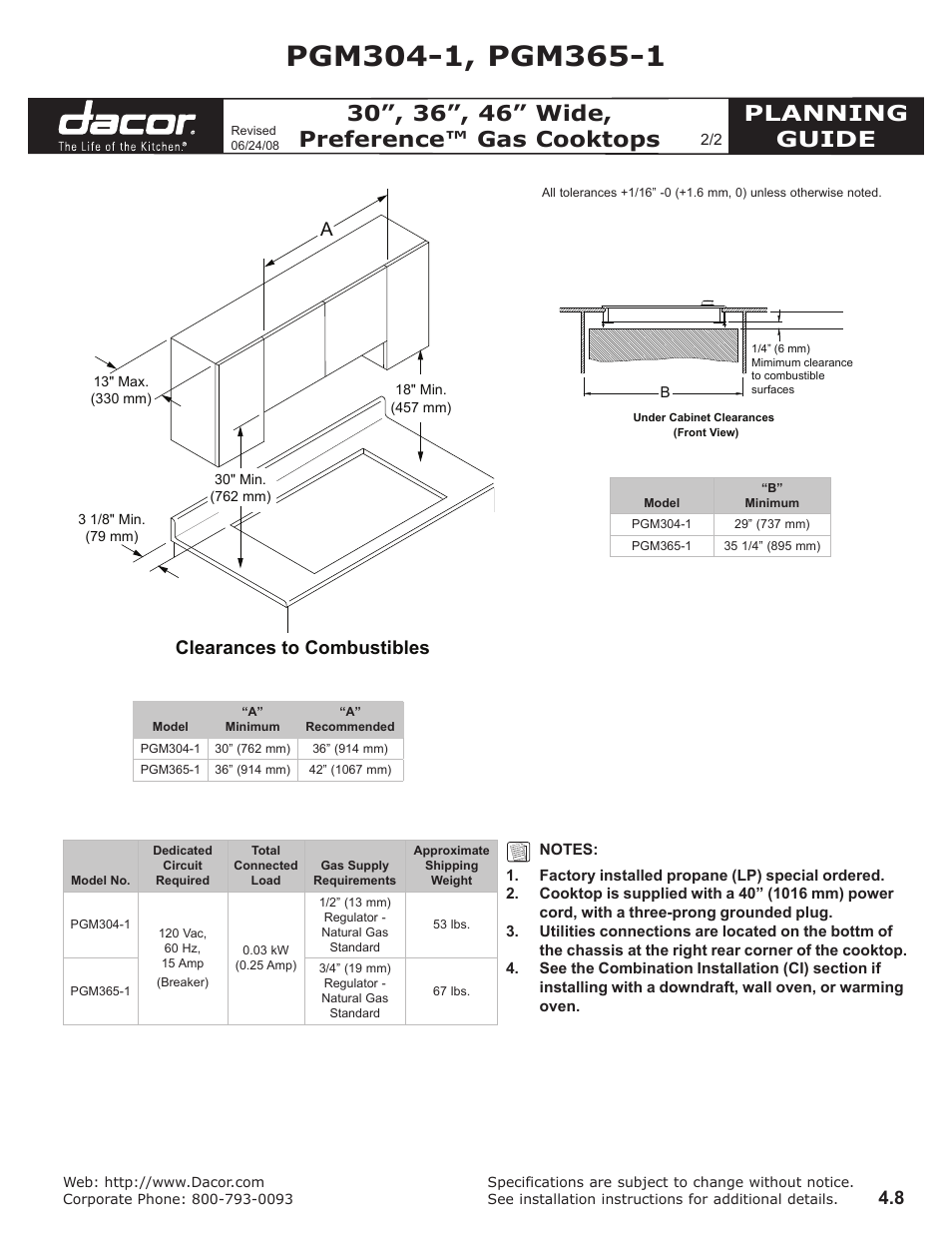 Planning guide, Clearances to combustibles | Dacor PGM365-1 User Manual | Page 2 / 2