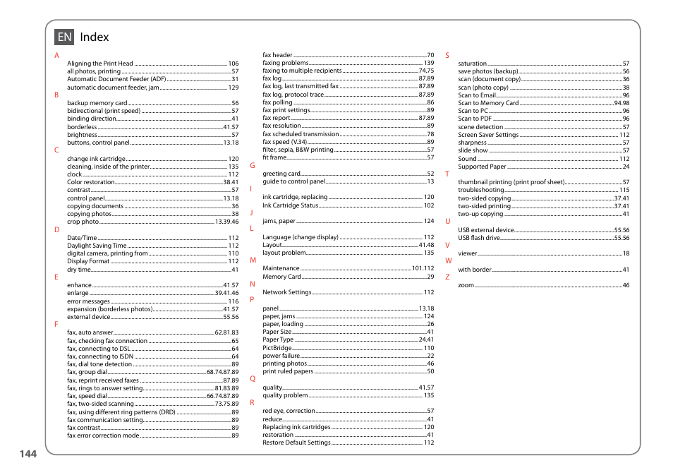 Index | Epson Stylus SX620FW User Manual | Page 144 / 148