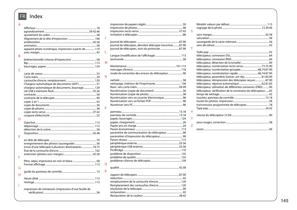 Index fr | Epson Stylus SX620FW User Manual | Page 145 / 148
