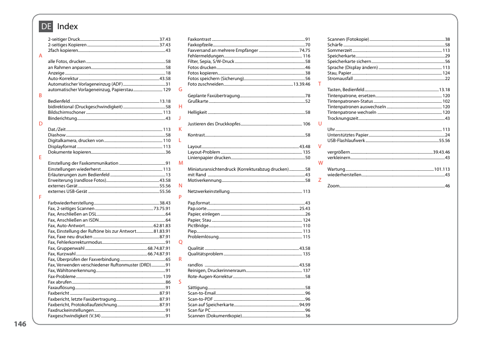 Index de | Epson Stylus SX620FW User Manual | Page 146 / 148